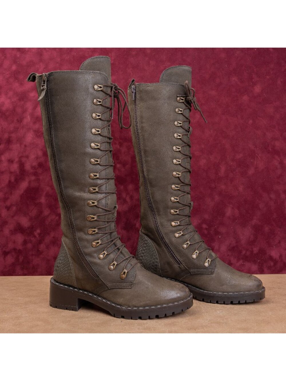 Vintage Foundry Women Dark Green Leather Lace-up Zip Fashion Combat Boots sz 8